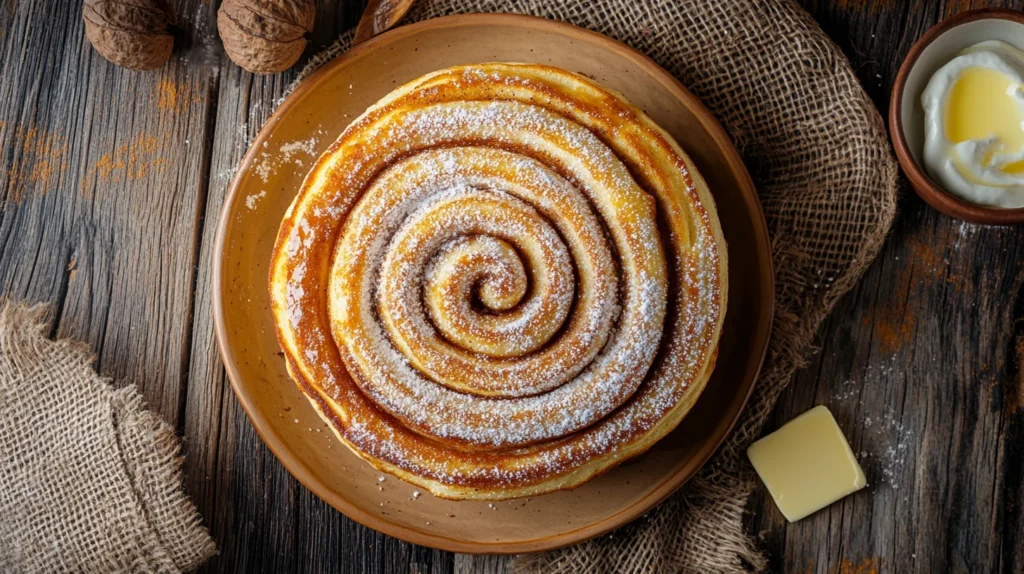 Golden fluffy cinnamon roll pancakes with icing drizzle.