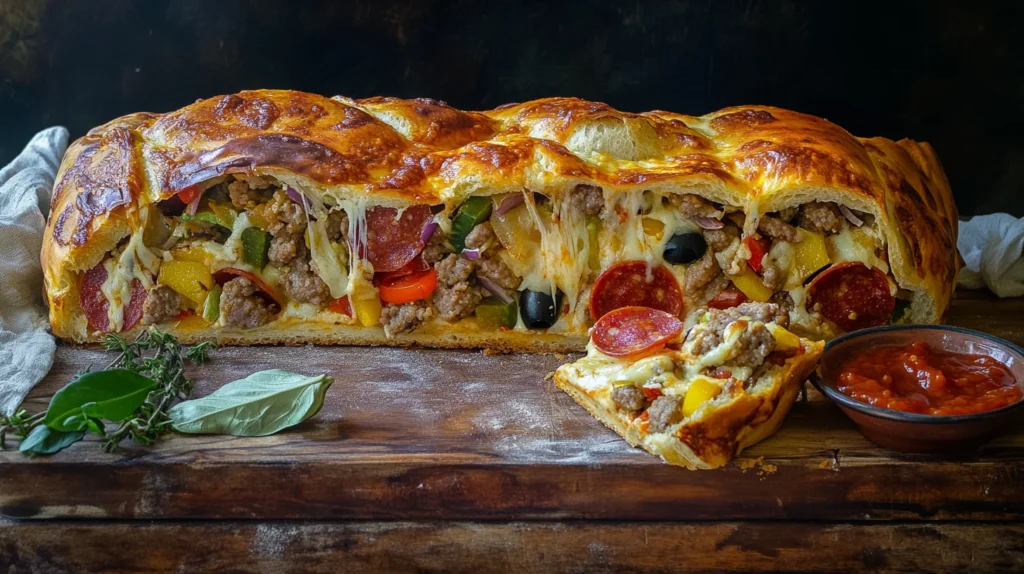 Cheesy garbage bread filled with savory ingredients like meats and veggies.