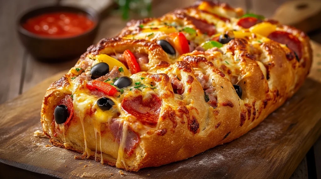 Stuffed garbage bread loaded with savory fillings like meats, cheese, and veggies.