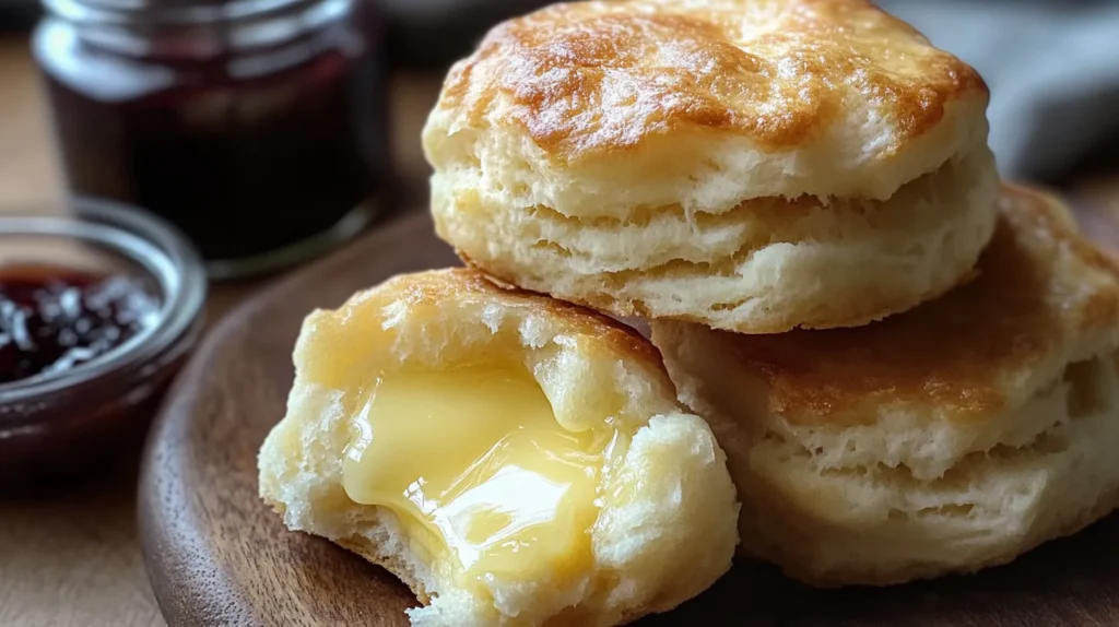 A close-up of a gluten-free biscuit split open, revealing its soft, airy texture, with melted butter on top.