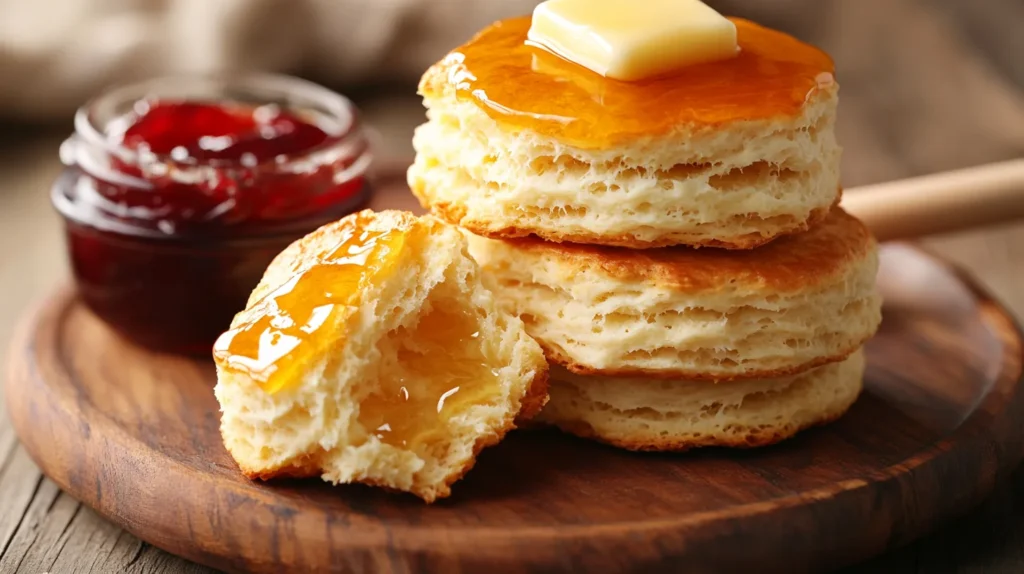 A stack of golden-brown gluten-free biscuits with a fluffy interior, served with butter and honey.
