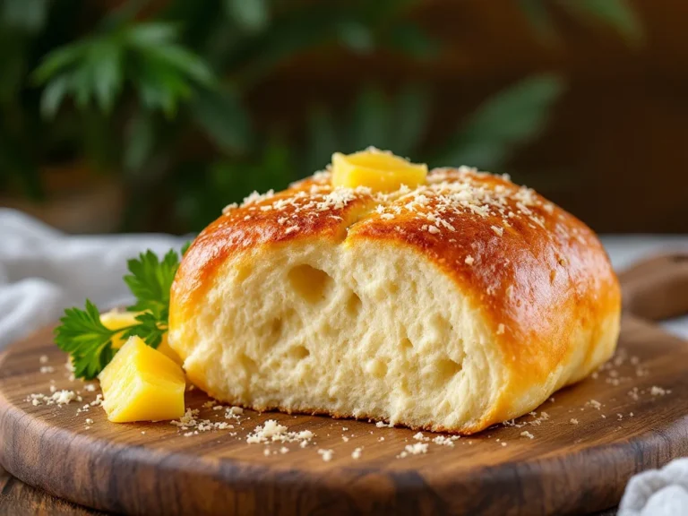 A close-up image of a freshly baked Hawaiian roll garlic bread, showcasing its golden crust and soft interior, garnished with garlic and herbs.