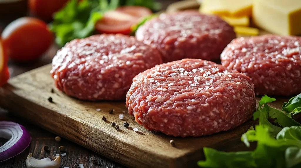 A fresh, seasoned beef patty sizzling on a grill, with grill marks forming on the surface.