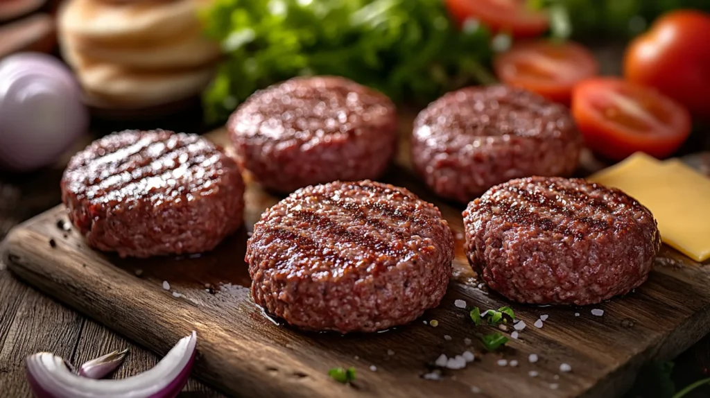 A stack of raw ground beef patties, ready to be cooked, with fresh herbs and spices in the background.
