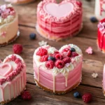 Mini heart cakes with colorful fondant and personalized messages.