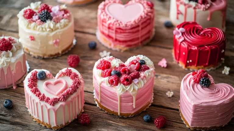 Mini heart cakes with colorful fondant and personalized messages.