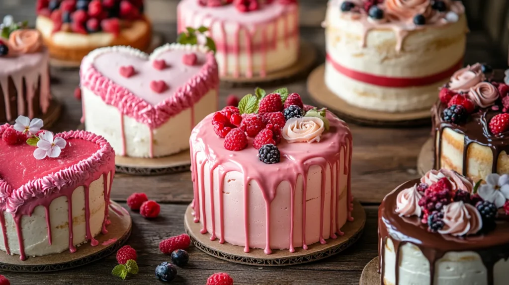 Pink heart-shaped cake with buttercream roses and edible pearls.