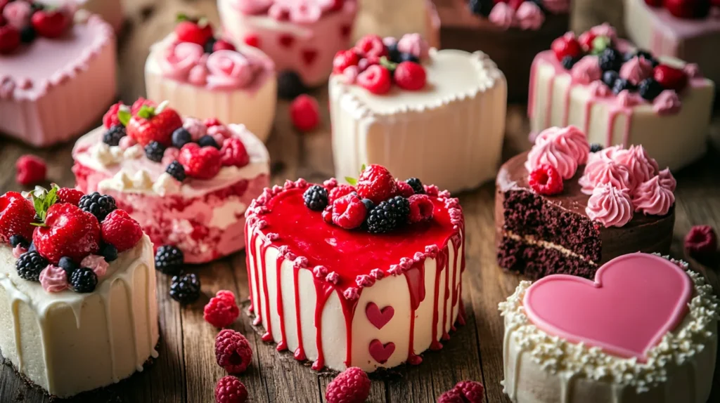 Red velvet heart-shaped cake with cream cheese frosting and fresh strawberries.