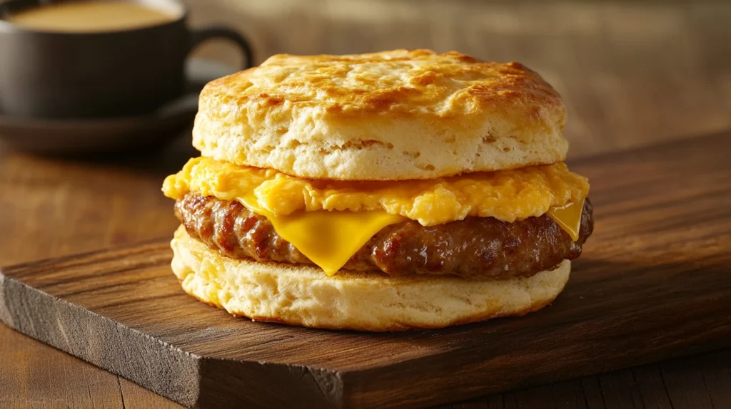 A Jimmy Dean breakfast sandwich with sausage, egg, and cheese on a toasted English muffin.