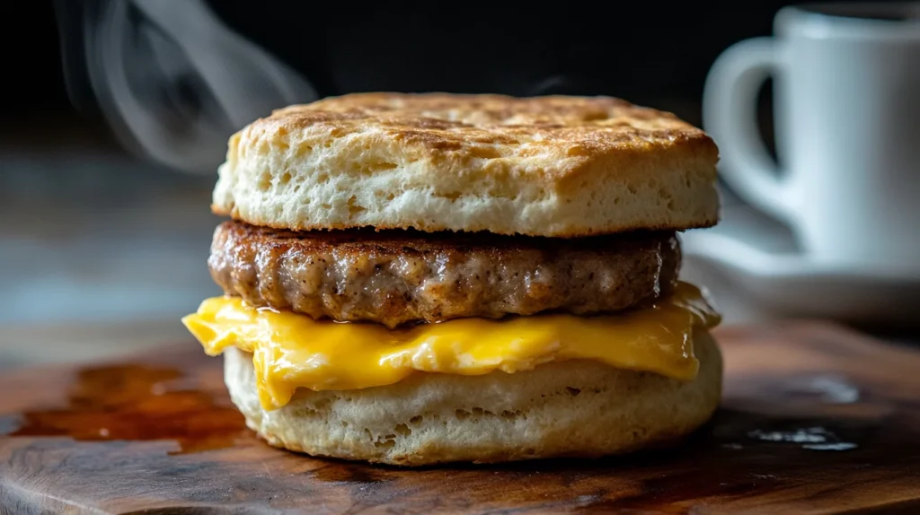  A close-up of a Jimmy Dean croissant breakfast sandwich with layers of ham, egg, and cheese.