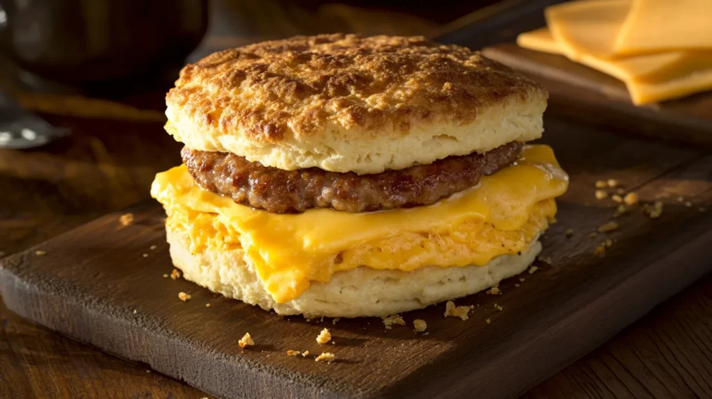 A hot and fresh Jimmy Dean biscuit breakfast sandwich with bacon, egg, and cheese.