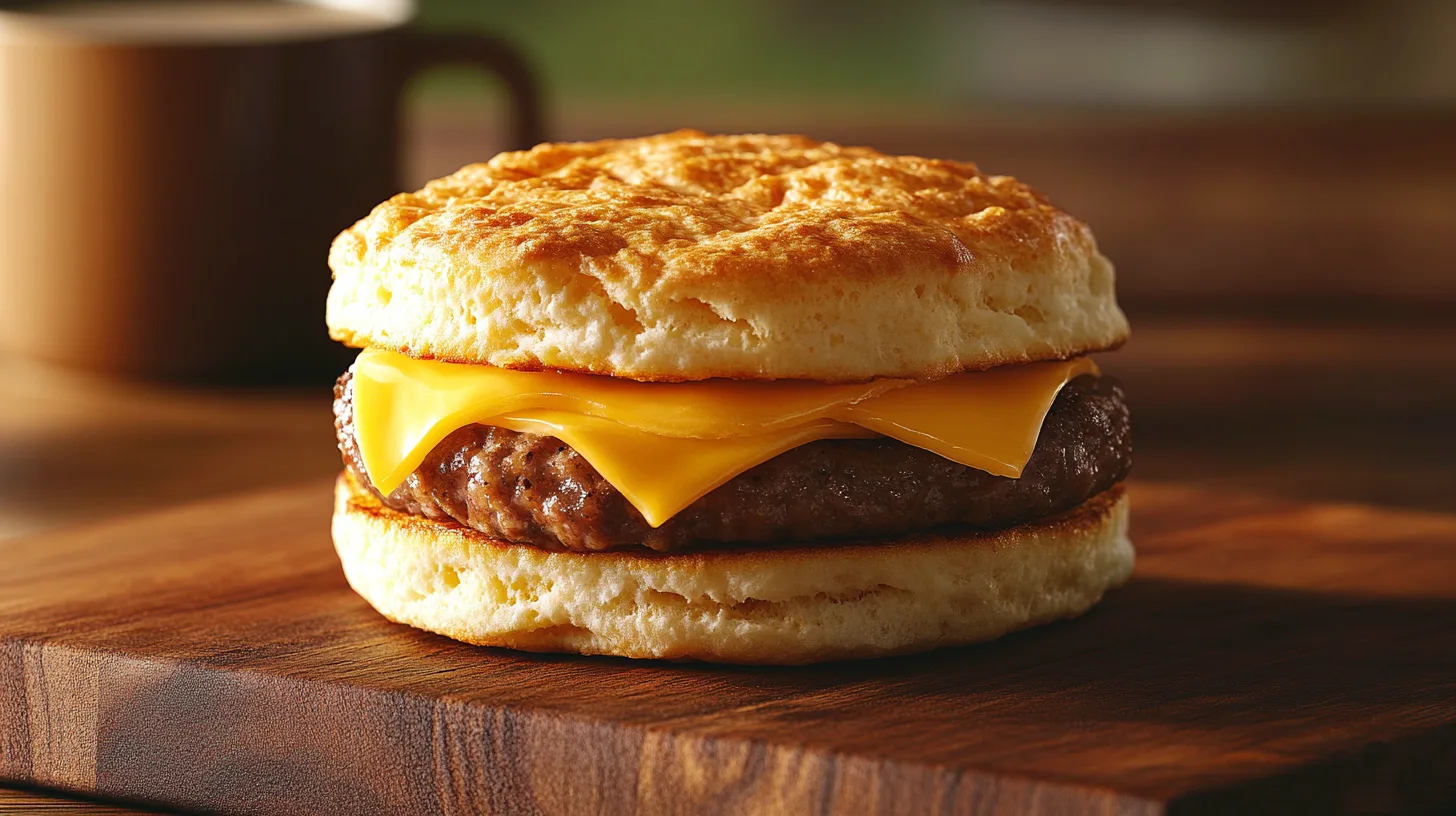 A breakfast sandwich with turkey sausage, egg whites, and cheese on a whole grain muffin.
