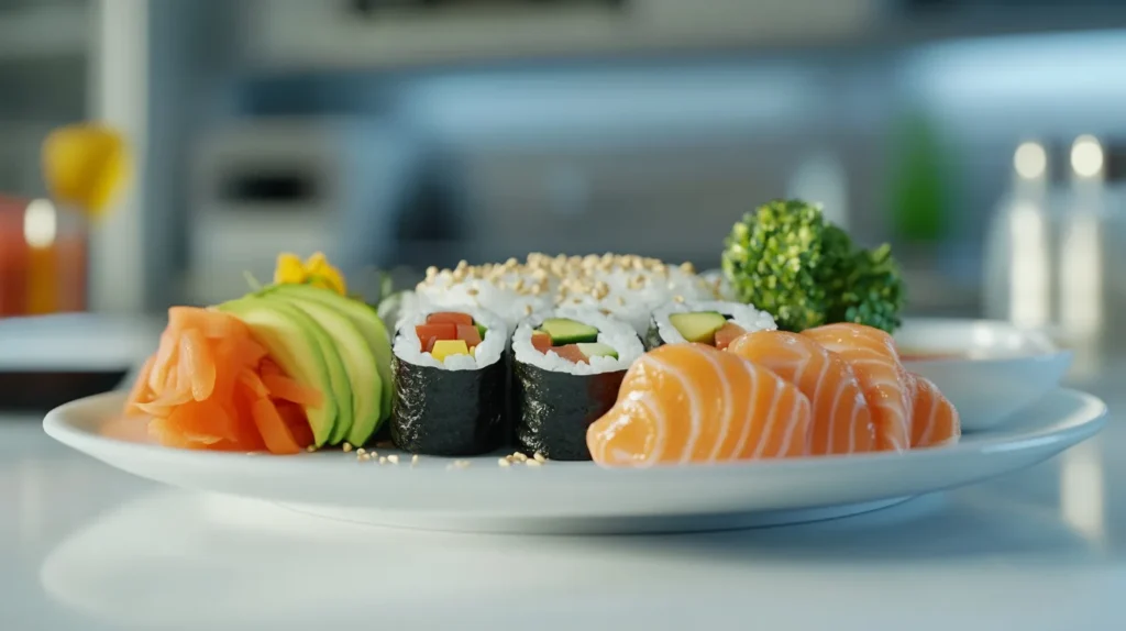 Low-sodium sushi platter featuring salmon, avocado, and cucumber rolls.