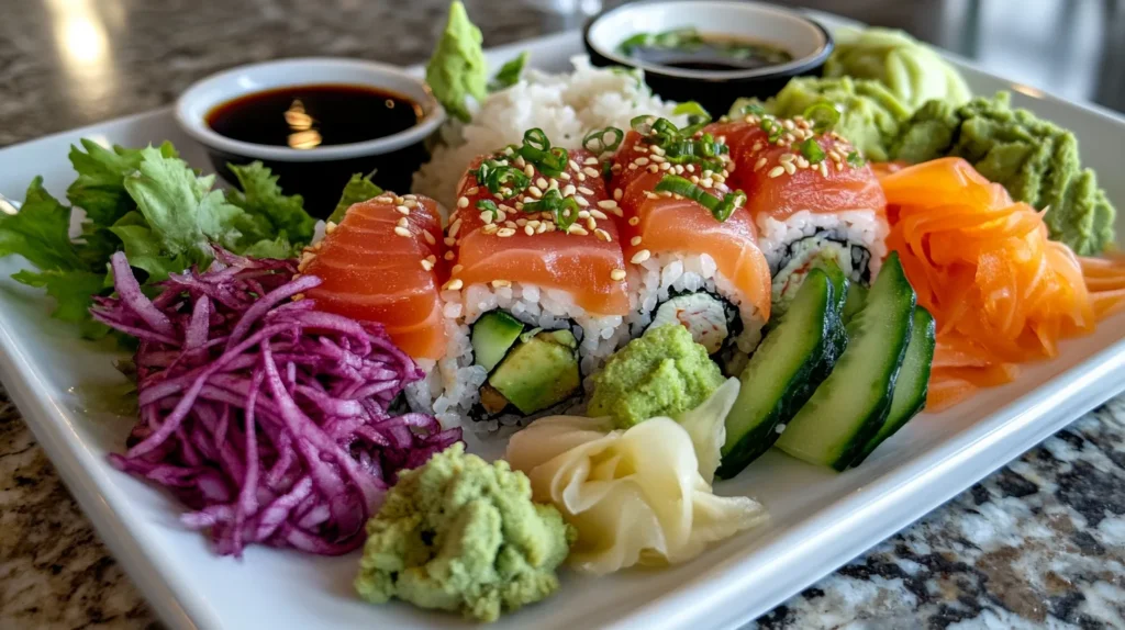 A plate of low-sodium sushi rolls with fresh vegetables and brown rice.
