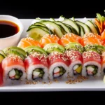 A plate of low-sodium sushi rolls made with fresh tuna, avocado, and cucumber on a bed of seasoned rice.