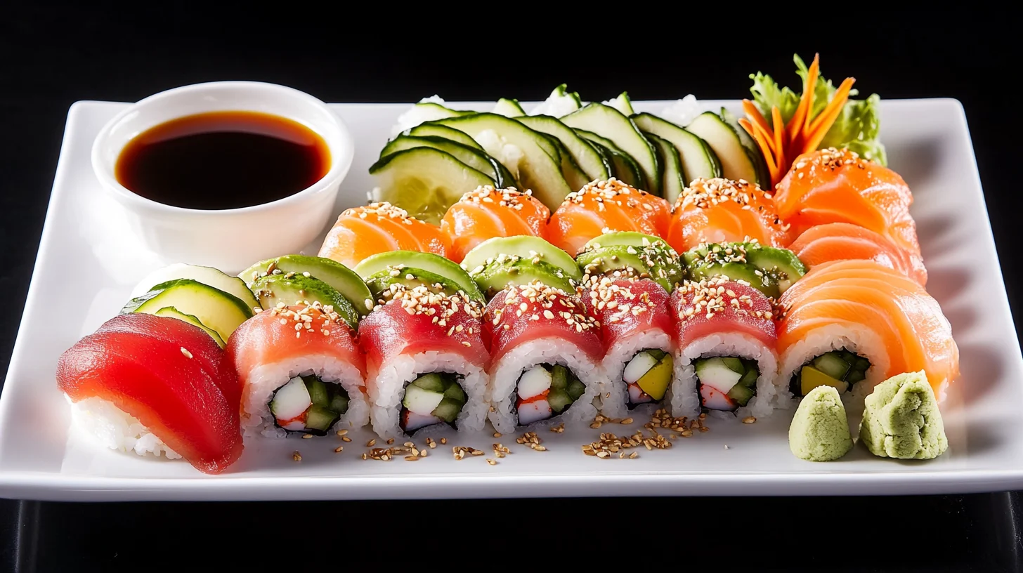 A plate of low-sodium sushi rolls made with fresh tuna, avocado, and cucumber on a bed of seasoned rice.