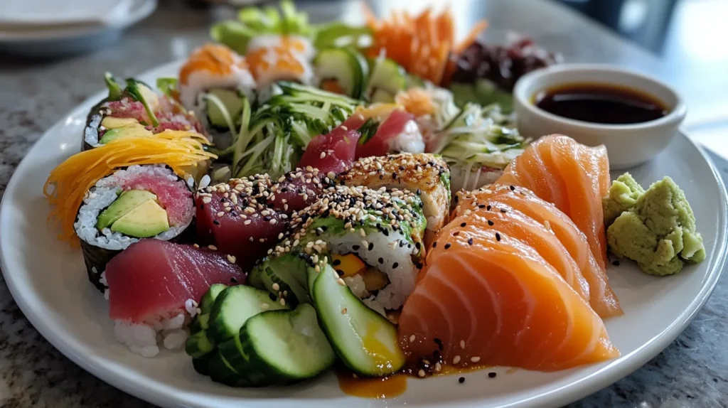 Homemade low-sodium sushi rolls with seaweed, rice, and fresh vegetables.