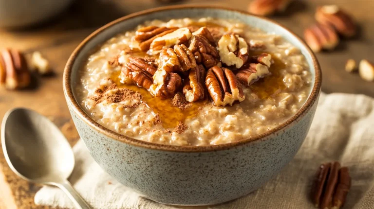 A creamy bowl of maple pecan oatmeal topped with a dollop of yogurt and a sprinkle of cinnamon.