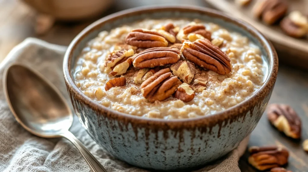 A bowl of maple pecan oatmeal garnished with toasted pecans and a sprinkle of cinnamon.