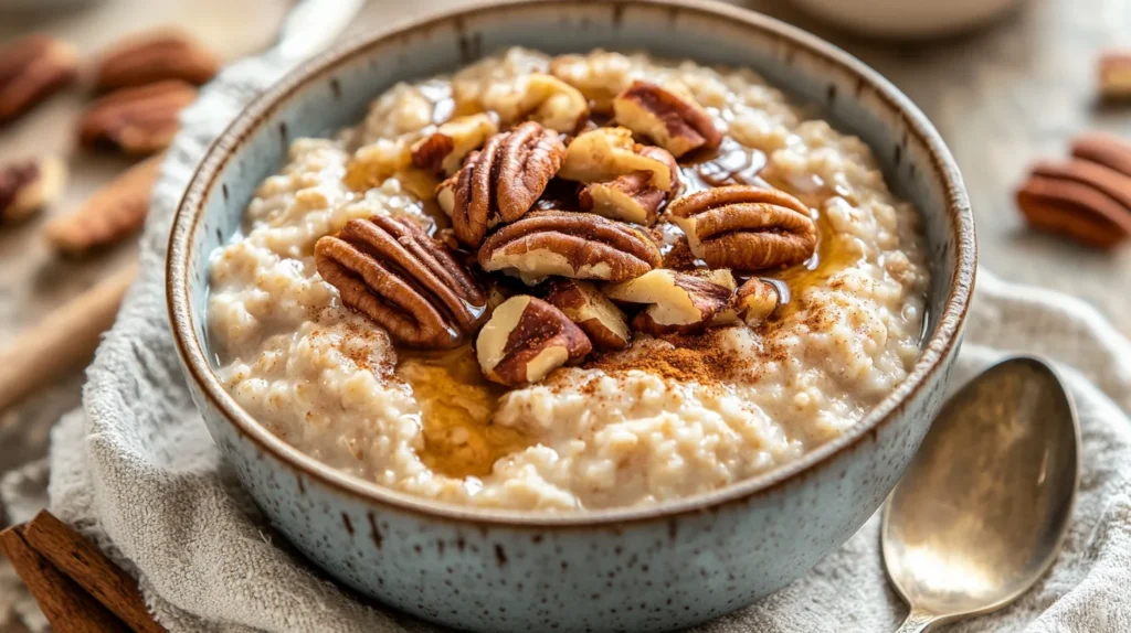 Maple pecan oatmeal served in a rustic bowl with a spoon, drizzled with maple syrup.