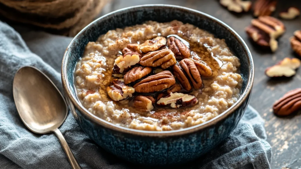 A warm bowl of maple pecan oatmeal topped with chopped pecans and a drizzle of maple syrup.