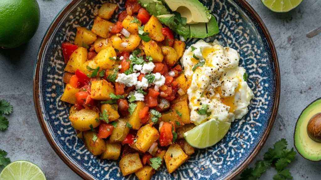 Mexican breakfast potatoes with peppers and onions in a cast-iron skillet.