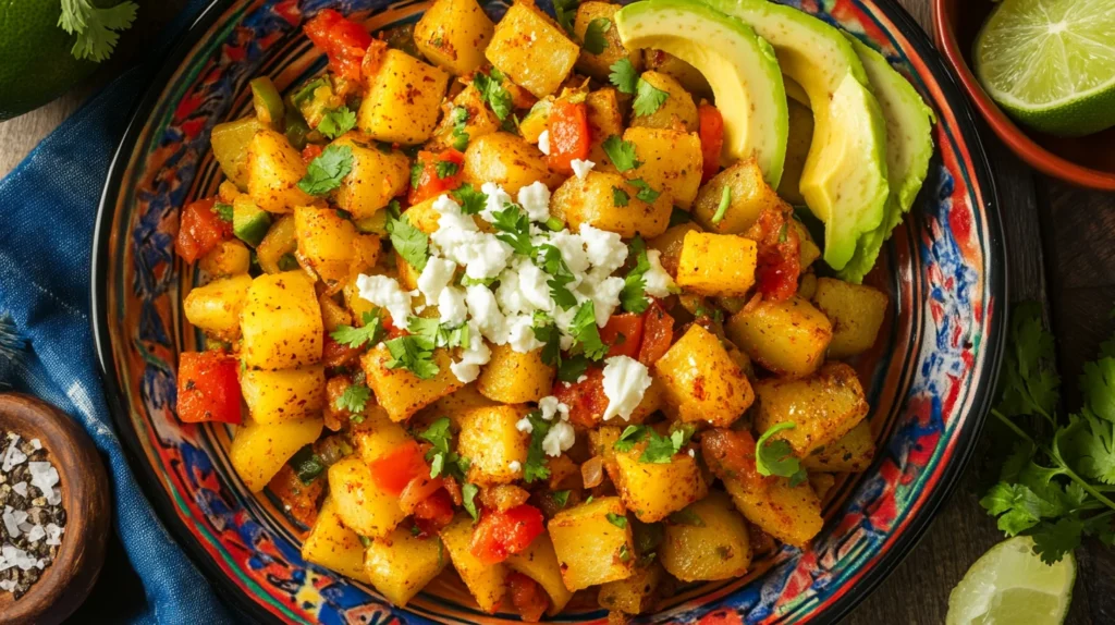 Roasted Mexican breakfast potatoes topped with cilantro and served with avocado slices.