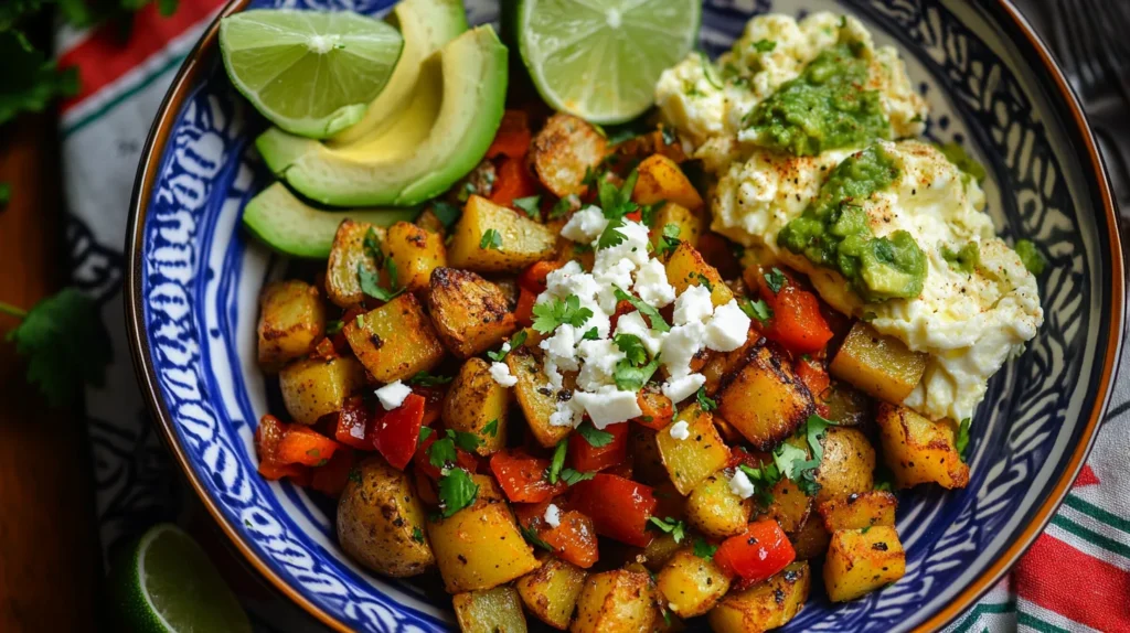 Mexican potatoes served with scrambled eggs and salsa on a white plate.