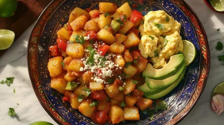 Crispy Mexican breakfast potatoes with chorizo and garnished with fresh herbs.
