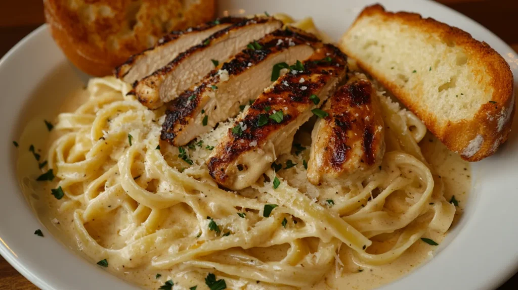 A creamy bowl of garlic parmesan chicken pasta with tender chicken pieces, sprinkled with fresh parsley and grated parmesan.