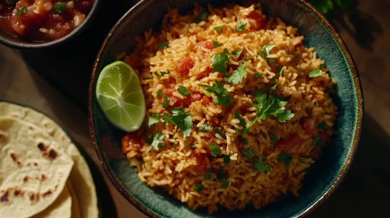 A bowl of fluffy, flavorful Spanish rice garnished with fresh cilantro and lime wedges.