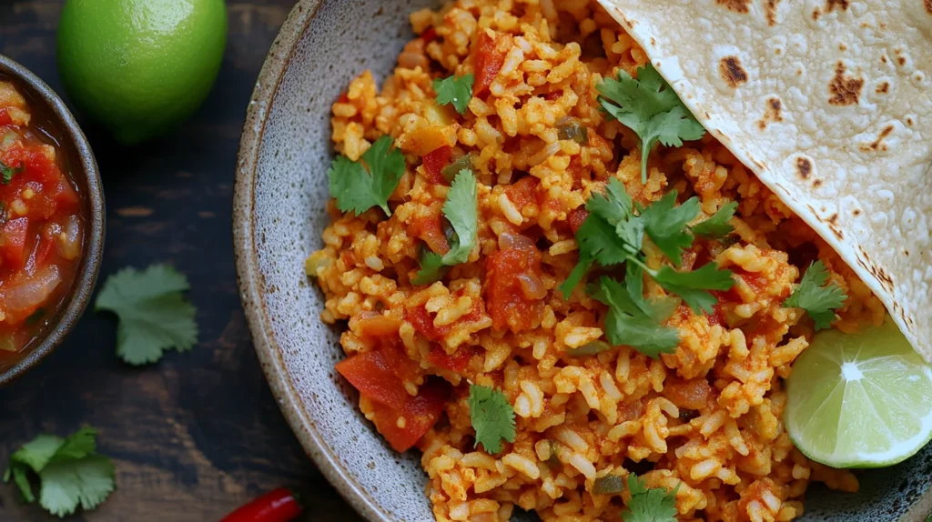 A serving of Spanish rice alongside grilled chicken and a drizzle of hot sauce.