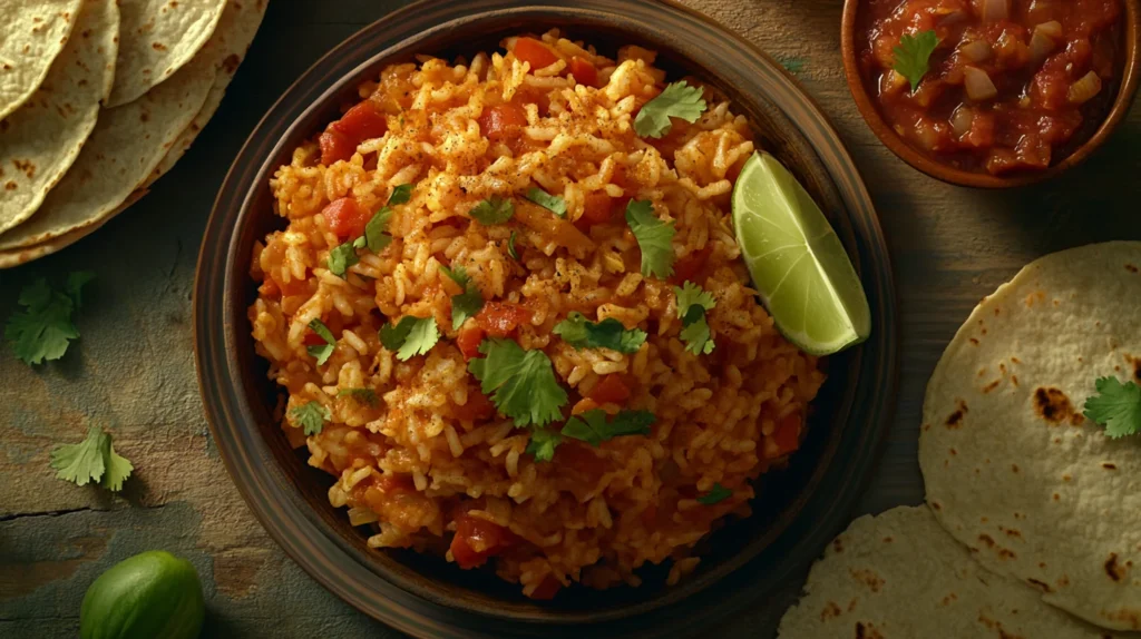 Spanish rice cooked with diced tomatoes, onions, and bell peppers, topped with fresh cilantro.