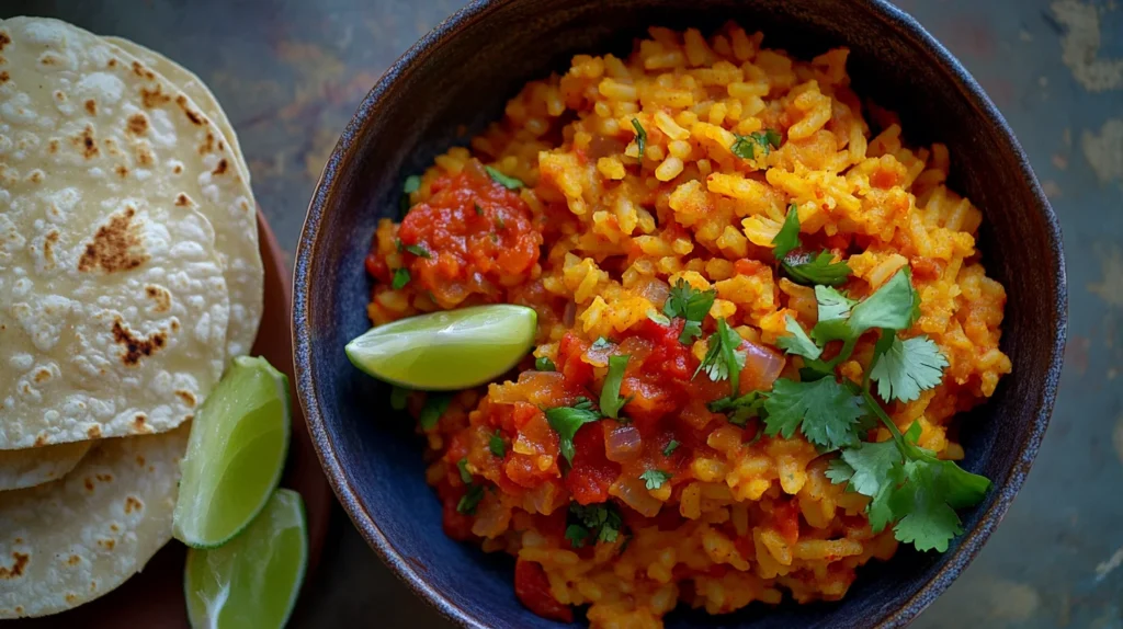 Close-up of a plate of Spanish rice served with beans, cilantro, and a squeeze of lime.