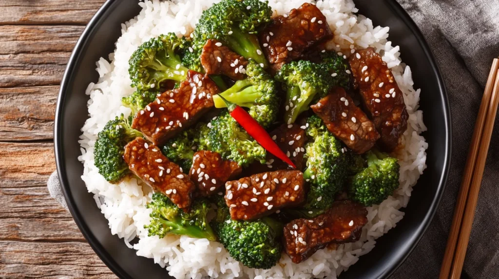 Spicy beef slices mixed with vibrant broccoli florets, glistening in a rich, spicy sauce on a white plate.