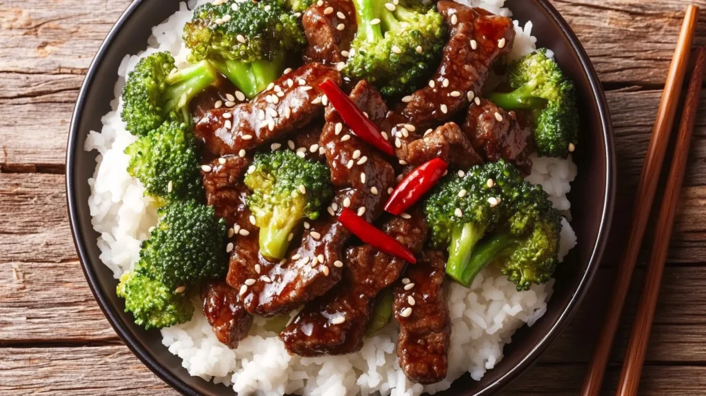 A bowl of spicy beef and broccoli stir-fry with glossy, dark sauce coating the tender beef and bright green broccoli, served alongside white rice.