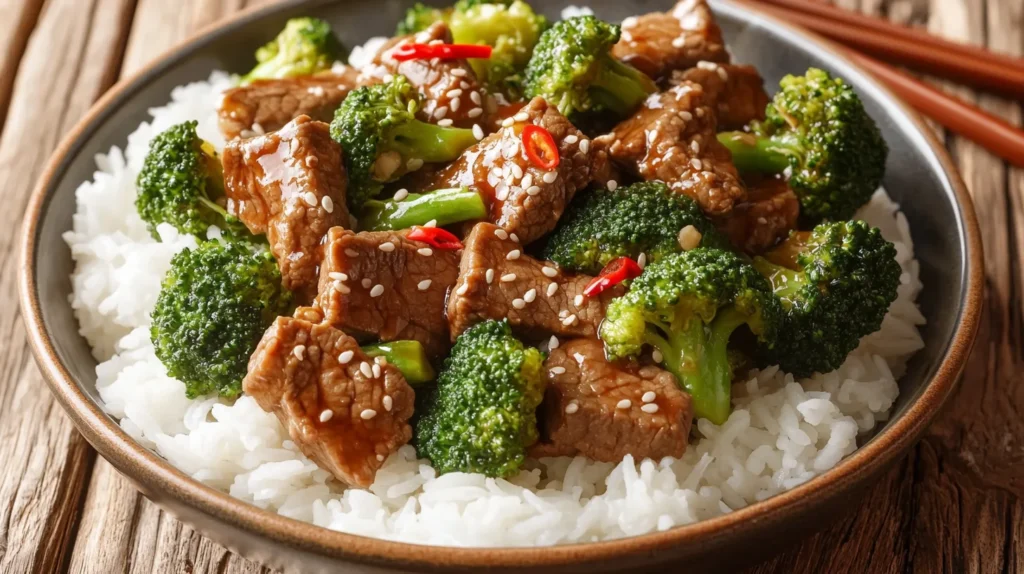 A close-up of a plate of spicy beef and broccoli stir-fry, with tender beef slices coated in a glossy, spicy sauce and vibrant green broccoli florets, served over steamed white rice.