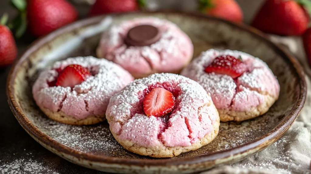 A tray of Strawberry Kiss Cookies decorated for Valentine's Day.