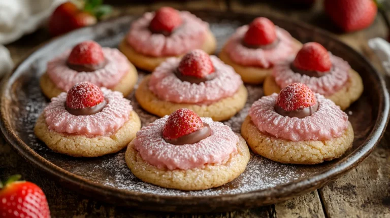 Valentine's Day Strawberry Kiss Cookies with red and pink decorations.