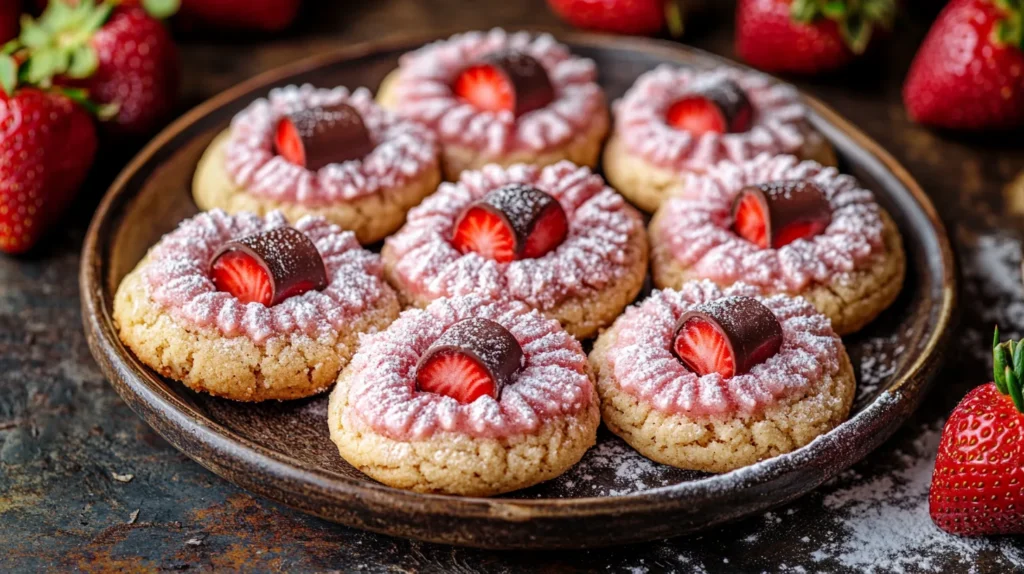 Close-up of homemade Strawberry Kiss Cookies with a red Hershey's Kiss in the center.
