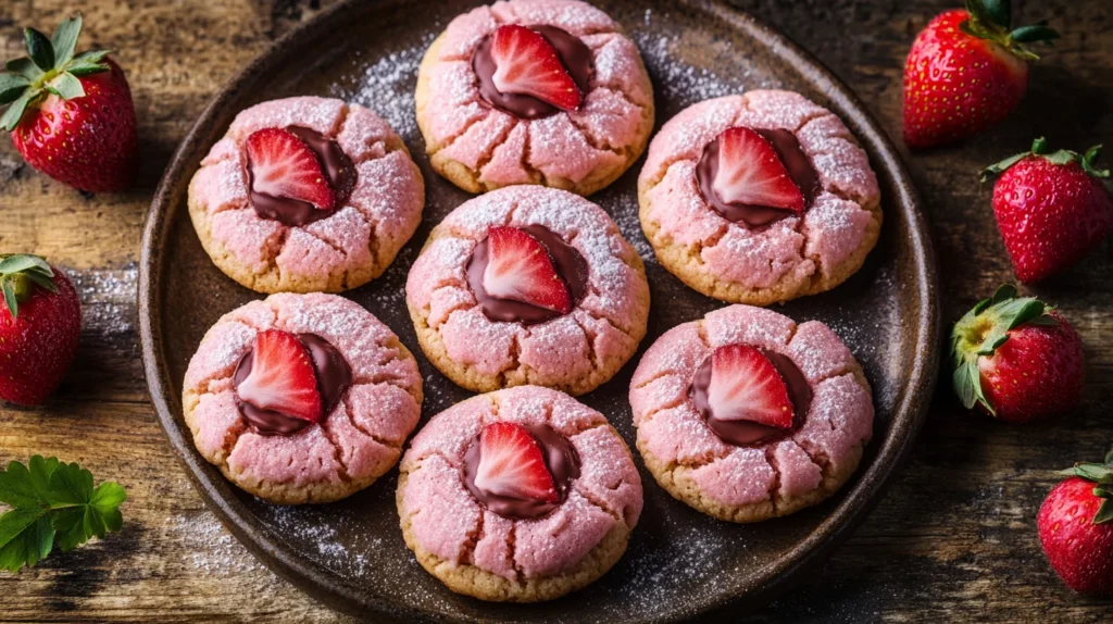 Strawberry Kiss Cookies on a plate with heart-shaped sprinkles, perfect for Valentine's Day.
