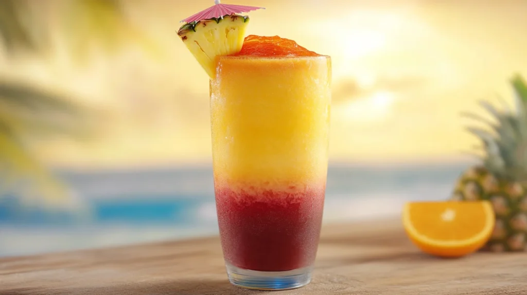 A refreshing Sunrise Sunset Smoothie in a to-go cup, with a tropical beach scene in the background.