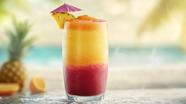 A frosty Sunrise Sunset Smoothie with condensation on the glass, surrounded by fresh tropical fruits.