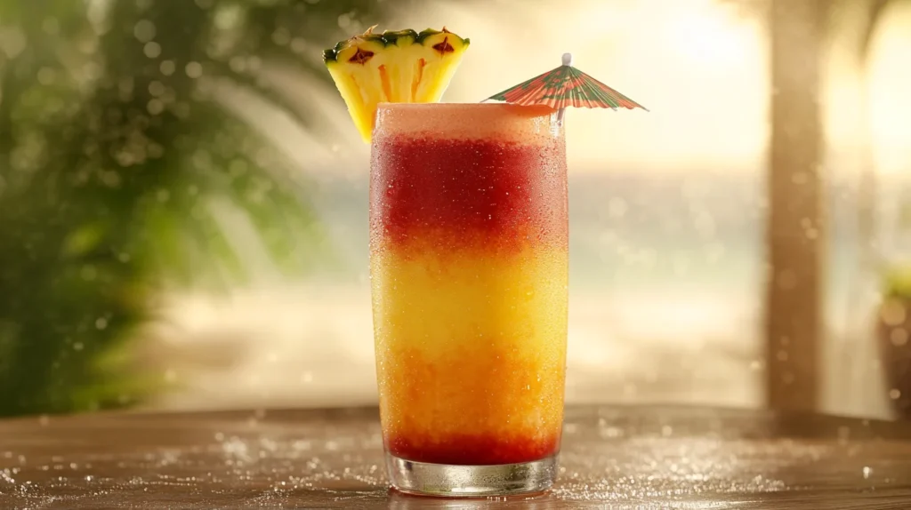 A smoothie with a gradient of sunset colors, served in a clear cup with a straw, next to fresh mango and pineapple slices.