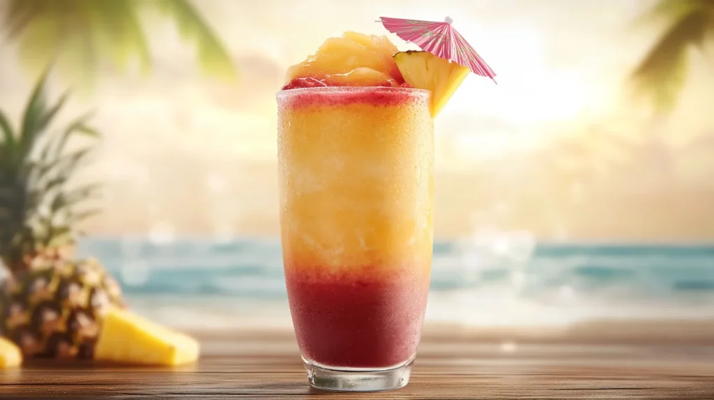 A tall glass of Sunrise Sunset Tropical Smoothie, a vibrant blend of orange, red, and yellow hues, garnished with a fresh fruit slice.