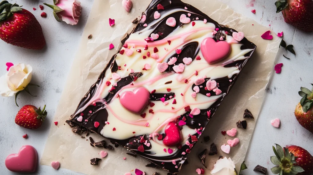 Heart-shaped Valentine's Chocolate Bark with colorful toppings