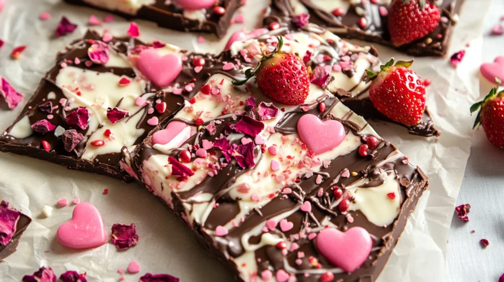 Close-up of Valentine's Day chocolate bark with pink and red sprinkles