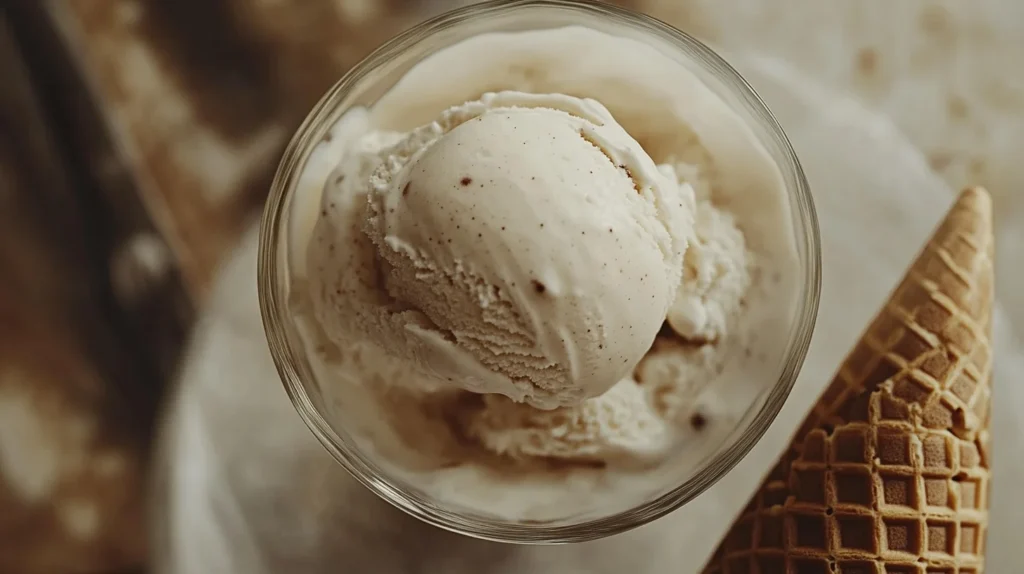 A bowl of creamy vanilla bean ice cream with visible vanilla bean specks and a scoop on top.
