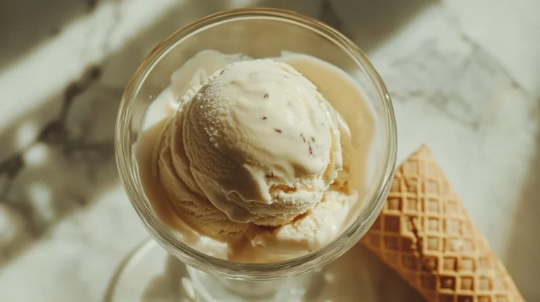 Vanilla bean ice cream served in a bowl with fresh berries on top for added color and flavor.