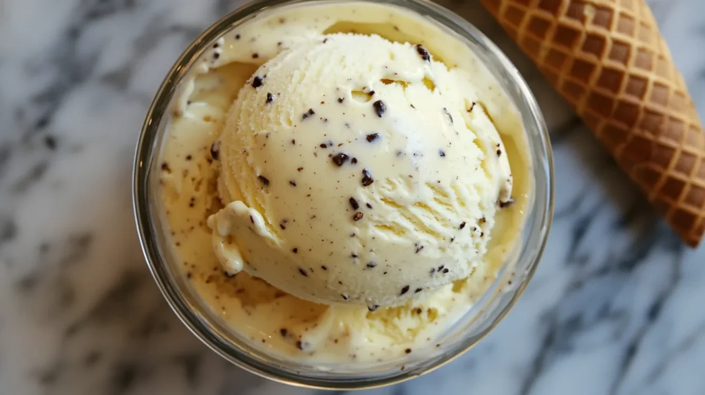 Vanilla bean ice cream served in a waffle cone with a swirl of whipped cream on top.